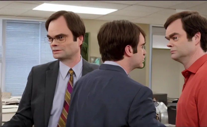 Image similar to screencap from the office, dwight schrute meeting bill hader barry in dunder mifflin, hd screencap