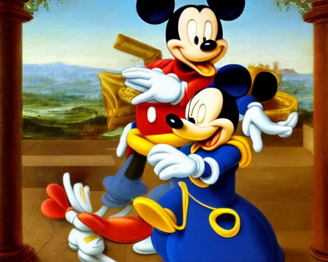 Image similar to renaissance style painting of Mickey Mouse and Donald Duck