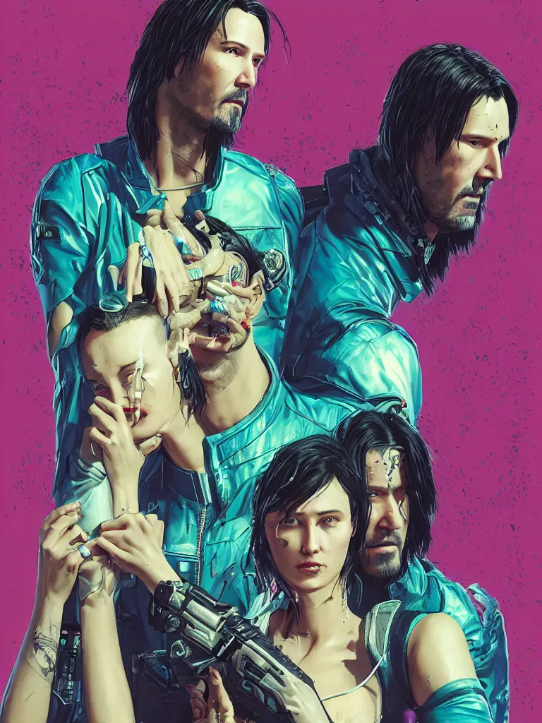 Image similar to a cyberpunk 2077 couple portrait of Keanu Reeves as Johnny Silverhand and female V in daily life ,love story, pray, hug, hold, kiss, film lighting, by Josan Gonzalez,Andrei Riabovitchev, Tom Bagshaw,Laurie Greasley, Dan Mumford, John Wick, Speed, Replicas, Destination Wedding, The Lake House, artstation, full of color, Digital painting, face enhance, highly detailed,8K, octane, golden ratio, cinematic lighting