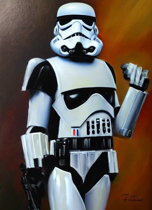 Prompt: oil painting of Storm trooper by frank frazetta alluring pin up