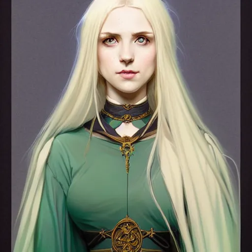 Image similar to Portrait of seductive female priest, D&D, green eyes, choker on neck, long blonde hair, slight nerdy smile, fantasy, intricate, elegant, highly detailed, digital painting, artstation, concept art, smooth, sharp focus, illustration, art by artgerm and greg rutkowski and alphonse mucha