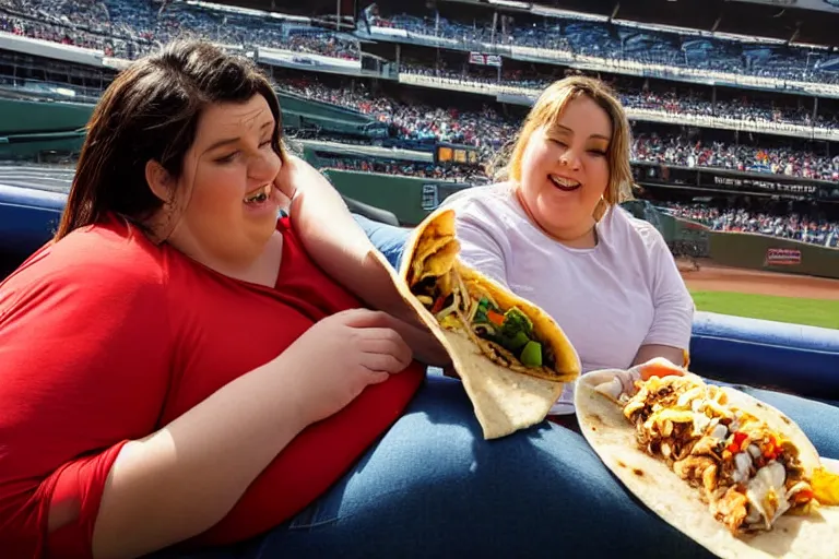 Image similar to obese woman eating a giant burrito sitting at a baseball game, photograph,