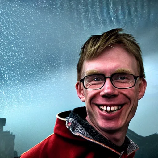 Prompt: John Carmack laughing while standing on the top of a wizard's tower in a thunderstorm. Realistic, 8k, dynamic lighting, ultrafine detail.