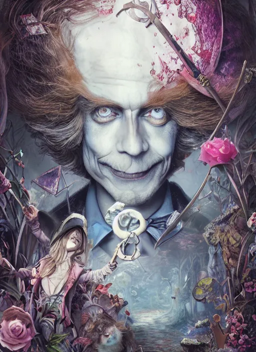 Prompt: alice in wonderland mad hatter the magician tarot card, highly detailed, cinematic, 8 k, by stanley artgermm, tom bagshaw, greg rutkowski, carne griffiths, ayami kojima, beksinski, giger, trending on deviantart, hyper detailed, horror, full of colour