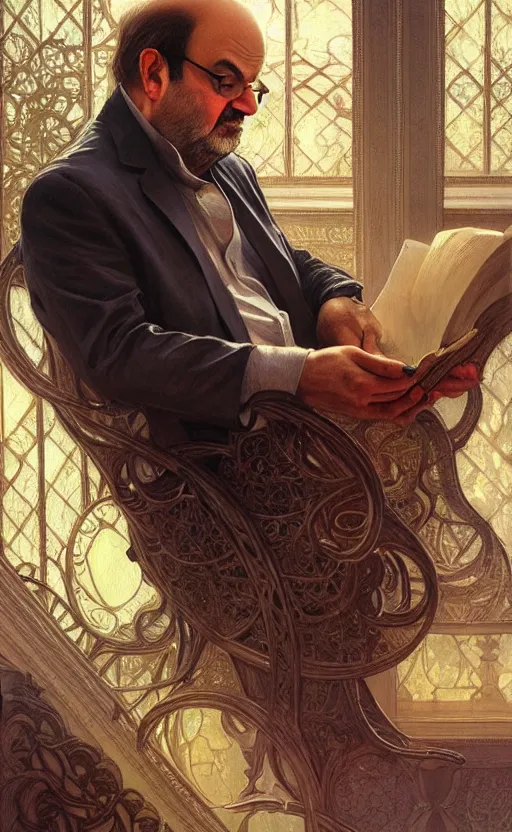 Prompt: portrait of salman rushdie reading, deep focus, d & d, fantasy, intricate, elegant, highly detailed, digital painting, artstation, concept art, matte, sharp focus, illustration, art by artgerm and greg rutkowski and alphonse mucha