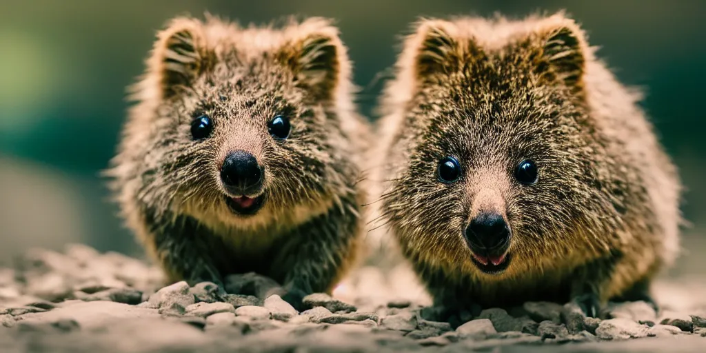 Image similar to Portrait of a happy quokka, splash art, movie still, cinematic lighting, dramatic, octane render, long lens, shallow depth of field, bokeh, anamorphic lens flare, 8k, hyper detailed, 35mm film grain