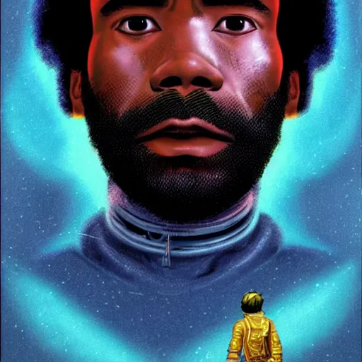 Image similar to donald glover, character portrait, portrait, close up, concept art, intricate details, highly detailed, vintage sci - fi poster, retro future, in the style of chris foss, rodger dean, moebius, michael whelan, and gustave dore