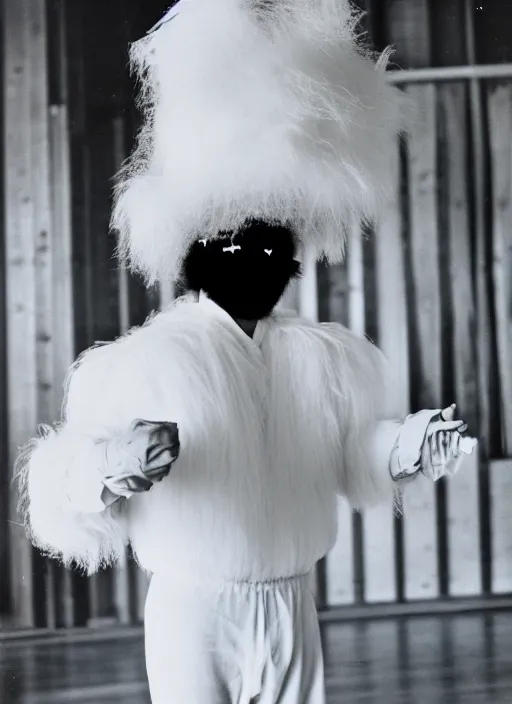 Image similar to realistic photo portrait of the person, white carnival fluffy mask no eyes no mouth, wearing hairy fluffy cotton shorts, dancing in the spacious wooden polished and fancy expensive wooden laboratory hall interior 1 9 9 0, life magazine reportage photo