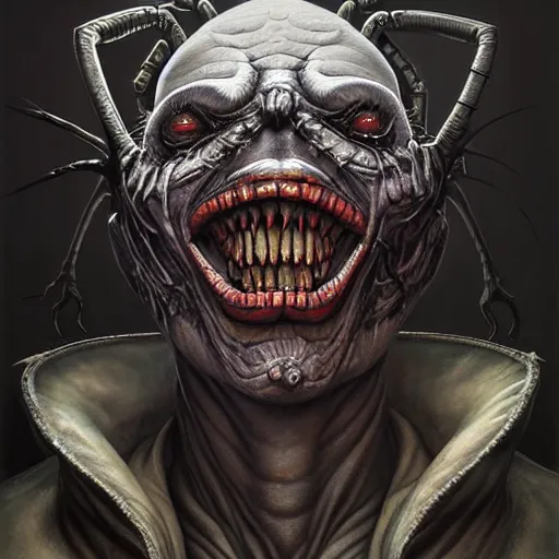 Image similar to giger spider portrait of joker by tomasz alen kopera and peter mohrbacher, unreal engine 5