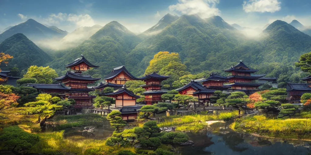 Prompt: japanese countryside with mountains and old buildings, fantasy style, ghibili, whimsical, 4 k