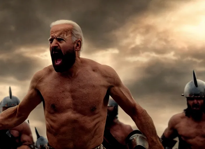 Image similar to cinematic film still of joe biden as leonidas shouting in 3 0 0 movie, 8 k, epic moody sky, dramatic lighting