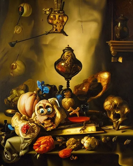 Prompt: refined gorgeous blended oil painting with black background by christian rex van minnen rachel ruysch dali todd schorr of a chiaroscuro portrait of spongebob squarepants dutch golden age vanitas intense chiaroscuro cast shadows obscuring features dramatic lighting perfect symmetry perfect composition masterpiece