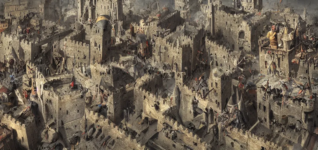 Prompt: medieval city under siege by a medieval army with catapults and knights, archers , climbing up ladders on the city walls sharp, high detail, contrast between darkness and light, good versus evil, cinematic lighting, vibrant colors, photorealism, terror, hysterical, horrifying, digital art, destruction, the void, ominous, octane render, fear, very detailed, evil, trending on artstation, intricate details, high definition, 16k, Artstation, Dark Souls by WLOP