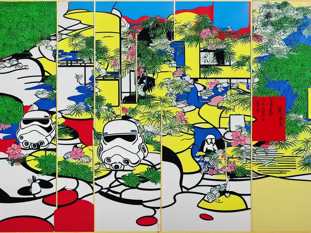 Image similar to hyperrealistic composition of the japanese home with a garden and a pond, 2 stormtroopers sitting around it, pop - art style, jacky tsai style, andy warhol style, roy lichtenstein style, rich palette, acrylic on canvas