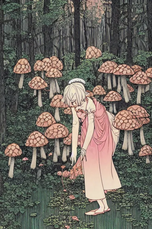 Prompt: princess peach finding a mushroom. masterpiece 4k digital design by Takato Yamamoto, award winning, Artstation, Takato Yamamoto aesthetic, Neo-Gothic, gothic, forest on background, intricate details, realistic, hyperdetailed, 8k resolution