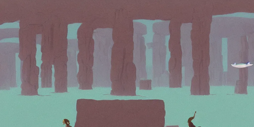 Image similar to a realistic cell - shaded studio ghibli concept art from paprika ( 2 0 0 6 ) of an anthropomorphic dolphin from close encounters of the third kind ( 1 9 7 7 ) in a flooded monument valley stonehenge. very dull colors, wide shot, hd, 4 k, hq