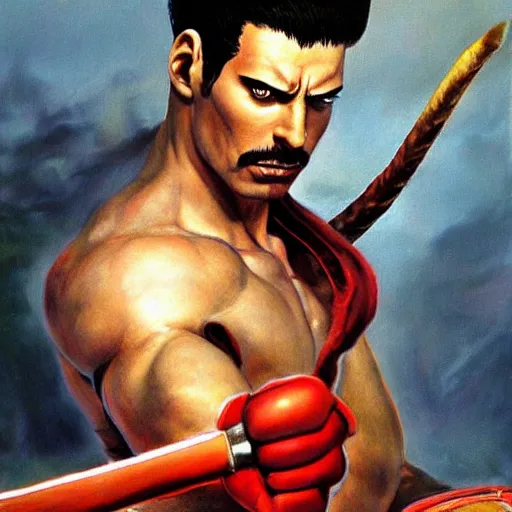 Image similar to ultra realistic freddy mercury as ryu from street fighter, painting by frank frazetta, 4 k, ultra realistic, highly detailed,