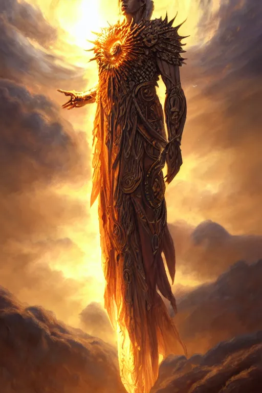 Image similar to humanoid god of the sun, highly detailed, d & d, fantasy, hyper detailed, digital painting, trending on artstation, apollo, concept art, sharp focus, illustration, art by artgerm and magali villeneuve and greg rutkowski and michael whelan, cryengine, 8 k realistic atmospheric lighting, frostbite 3 engine