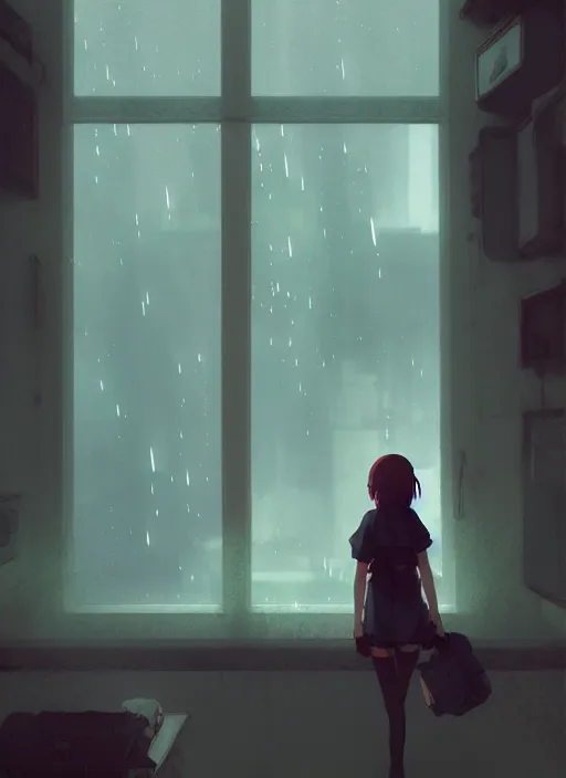 Prompt: interior background : { near the window, rainy outside }, no character, illustration concept art anime key visual trending pixiv fanbox by wlop and greg rutkowski and makoto shinkai and studio ghibli