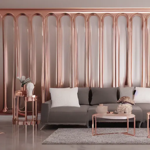 Image similar to 3 d render of white living room with rose gold metallic accents