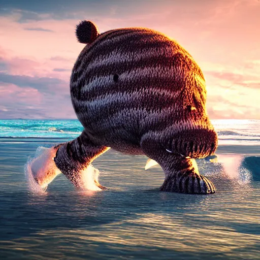 Image similar to a closeup photorealistic photograph of a cute smiling knitted tiger hippopotamus chasing a beachball at sunset. surf in the background. professional capture. this 4 k hd image is trending on artstation, featured on behance, well - rendered, extra crisp, features intricate detail, epic composition and the style of unreal engine.