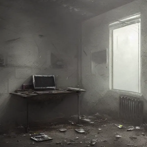 Image similar to a computer sits in an abandoned room, derelict, atmospheric, misty, mysterious, apocalyptic, ultra - realistic, artstation award, sketch, illustration, painting