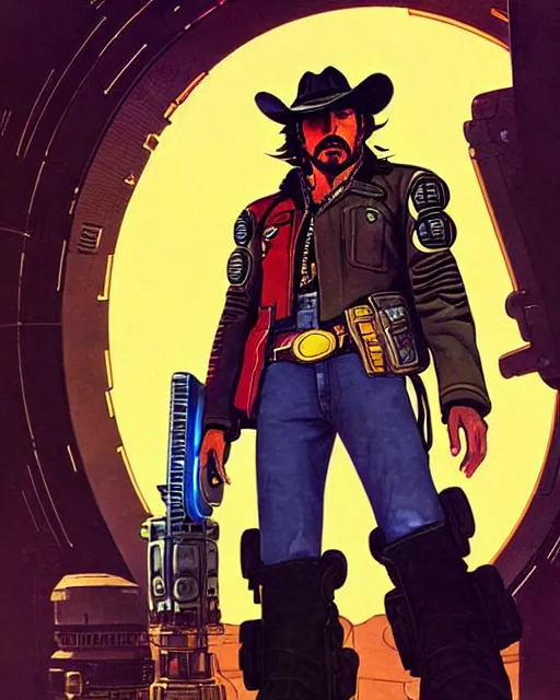 Image similar to mccree from overwatch, cyber space cowboy, character portrait, portrait, close up, concept art, intricate details, highly detailed, vintage sci - fi poster, retro future, vintage sci - fi art, in the style of chris foss, rodger dean, moebius, michael whelan, and gustave dore