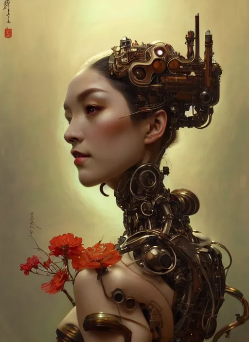 Prompt: organic cyborg, geisha, diffuse lighting, fantasy, intricate, elegant, highly detailed, lifelike, photorealistic, digital painting, artstation, illustration, concept art, smooth, sharp focus, art by John Collier and Albert Aublet and Krenz Cushart and Artem Demura and Alphonse Mucha