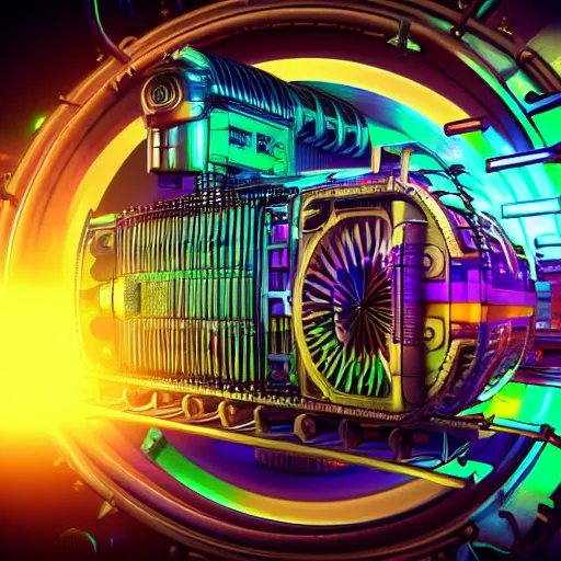 Prompt: album art, album is called tripmachine, photo of a huge futuristic dieselpunk engine inside a machinery, 8 k, fluorescent colors, halluzinogenic, multicolored, exaggerated detailed, front shot, 3 d render, octane