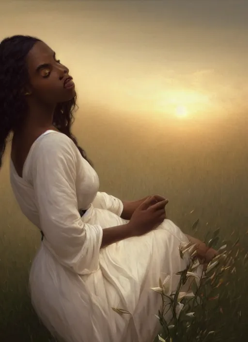 Prompt: oil painting close up portrait of a contemplative young black woman with long dark flowing hair in a black dress, surrounded by white lilies!! at sunset, hazy, digital art, chiaroscuro, artstation, cinematic, golden hour, digital art painting by greg rutkowski, william - adolphe bouguereau, hazy atmosphere, cinematic lighting