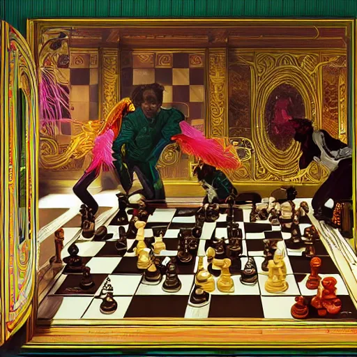 Image similar to a highly detailed art of chess game, neon colored suit, beautiful detail and color, art by john collier and albert aublet and krenz cushart and artem demura and alphonse mucha, volumetric lighting, octane render, 4 k resolution, matte, sharp focus, illustration, art by jacque - louis david, baroque style