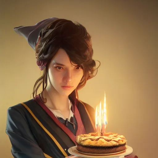 Image similar to a wizard enjoying their birthday cake, art by artgerm and greg rutkowski and alphonse mucha, concept art, octane render, unreal engine 5, highly detailed, high quality, 8 k, soft lighting, realistic face, path traced