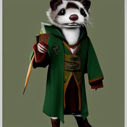 Image similar to a anthropomorphic ferret is dressed as a hogwarts student in slytherin robes, hyperdetailed, artstation, cgsociety, 8 k