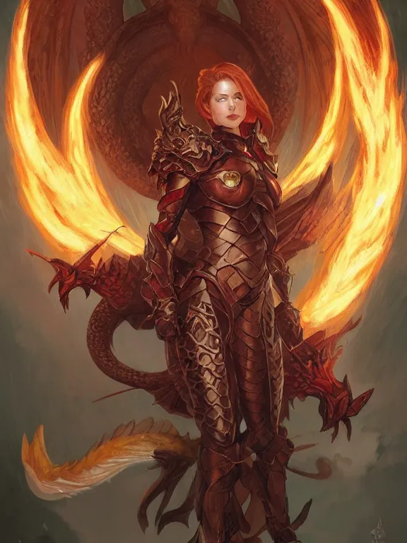 Prompt: full body portrait of dragon master lady, taned skin, red eyes, wild ginger hair, draconic looking armor, symmetric wings, firebreathing, high fantasy, dnd, d & d, illustration, by artgerm, greg rutkowski, alphonse mucha