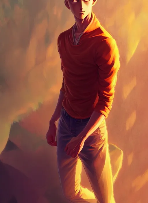 Image similar to handsome saitama, half body shot, path traced, highly detailed, high quality, digital painting, alena aenami, lilia alvarado, shinji aramaki, karol bak, alphonse mucha, tom bagshaw