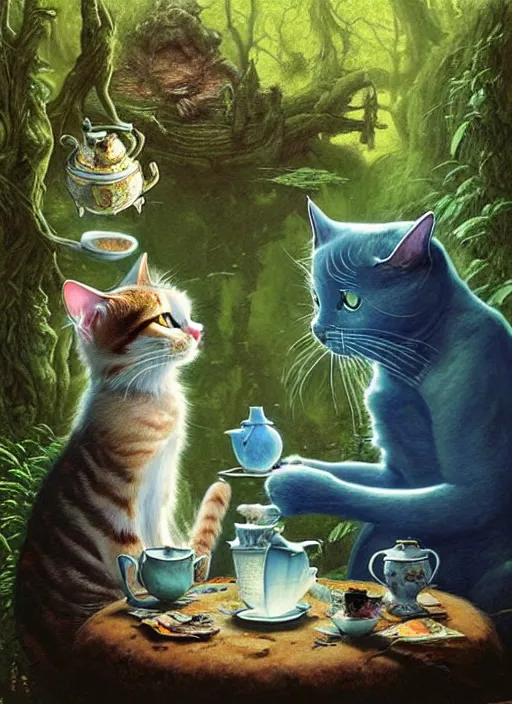 Image similar to cat having tea with a sorceress at a shrine in the woods by a stream, river gorgeous lighting, lush forest foliage blue sky a hyper realistic painting by chiara bautista and beksinski and norman rockwell and greg rutkowski weta studio, and lucasfilm