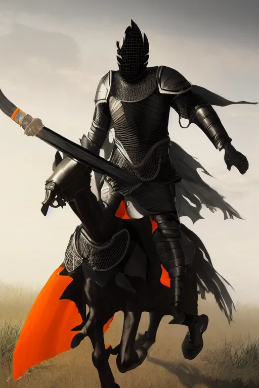 Image similar to a digital photograph of one african american knight in heavy black parmor with thin dull orange trim, wearing a black elegant cape flowing in the wind, the knight holds a black sword in one hand, riding a black horse with mechanized spiked armor, extremely detailed, extremely realistic, no bodily flaws, unreal engine, concept art, 8 k