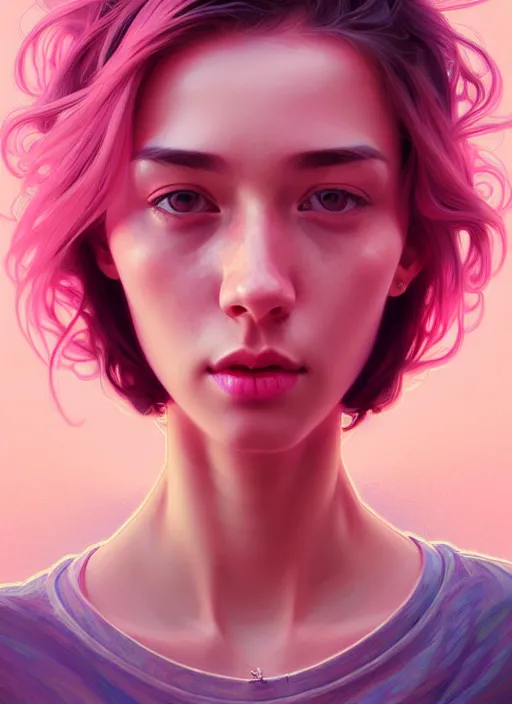 Image similar to handsome young women with shoulder length pink hair, half body shot, path traced, highly detailed, high quality, digital painting, alena aenami, lilia alvarado, shinji aramaki, karol bak, alphonse mucha, tom bagshaw