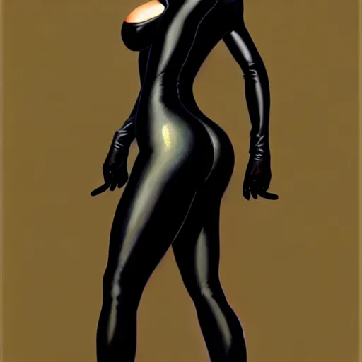 Image similar to a painting of woman wearing black skintight clothes, painting by mark brooks, trending on artstation, artstationHD, artsationHQ