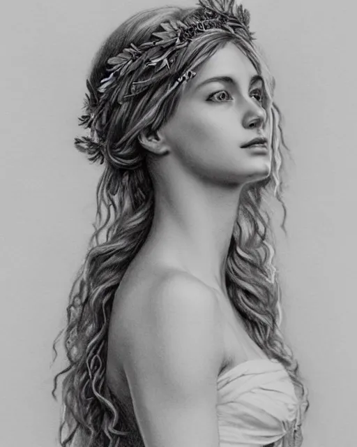 Image similar to pencil drawing of the very beautiful greek goddess aphrodite wearing a laurel wreath with arrowhead earrings, piercing eyes, beautiful flowing hair, hyper realistic face, in the style of greg rutkowski, fantasy, amazing detail, epic, elegant, smooth, sharp focus