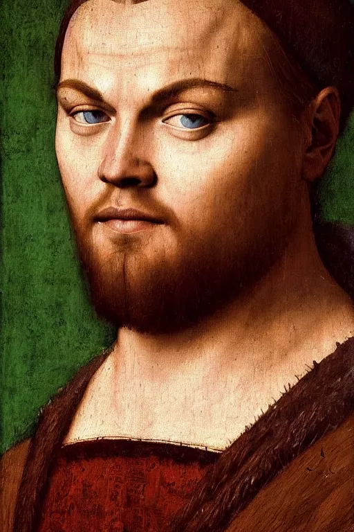 Image similar to 1 4 0 0 s renaissance portrait of leonardo dicaprio oil painting by jan van eyck, northern renaissance art, oil on canvas, wet - on - wet technique, realistic, expressive emotions, intricate textures, illusionistic detail