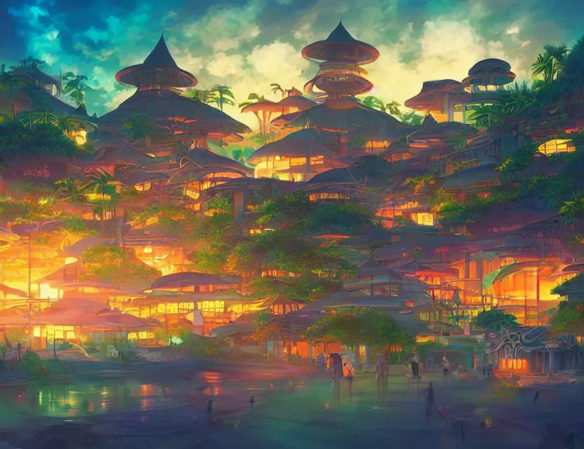 Prompt: futuristic but cozy fantasy village at a tropical coast. this air brush painting by the award - winning anime artist has an interesting color scheme, plenty of details and impeccable lighting.