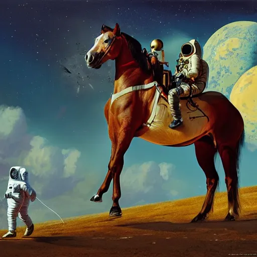 Image similar to a horse on top of a man, the astronaut is carried by the horse, hyperrealism, no blur, 4 k resolution, ultra detailed, style of ron cobb, adolf hiremy - hirschl, syd mead, ismail inceoglu, rene margitte