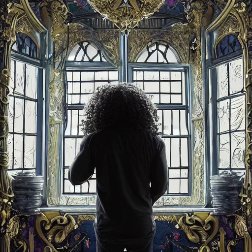 Image similar to a black man with long curly hair, with his back turned, looking at a victorian window, on deep sea, a big glowing letter K on the wall, + Cinematic Lighting + Deep Shadows + Hyper Realistic + Hyper Maximalist + Maximalist Composition + Intricate Details + Rendered in Octane + Trending on Artstation + Hall of Fame on Cgsociety + 8K portrait + 8k Post-Processing Highly Detailed + Rendered by Octane Engine + 8K Artstation 8k Detail Post Processing + Octane Render