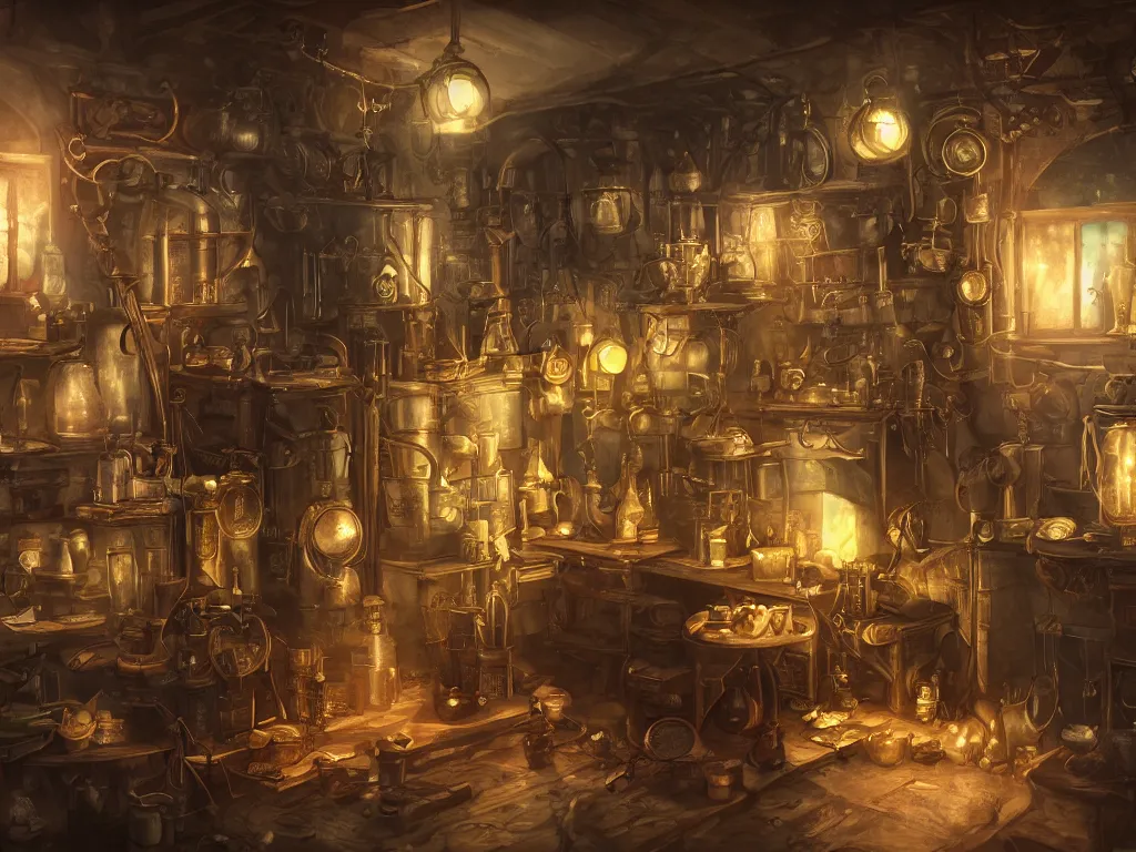 Image similar to small and cozy steampunk alchemy lab, beautiful digital art, atmospheric and highly detailed, trending on artstation