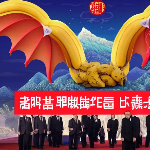 Image similar to Chinese president with bananas, dragon, mountains background, epic stance, battle