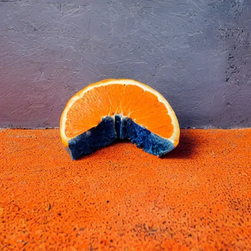 Image similar to A blue orange sliced in half laying on a blue floor in front of a blue wall