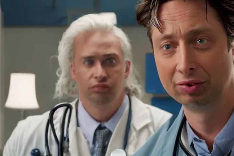 Prompt: zach braff as the doctor in idiocracy film, all faces are distorted contorted, shock, repulsion, anger, laughter, smirk, cinematic still, movie still, long lens, shallow depth of field, bokeh, anamorphic lens flare, 8 k