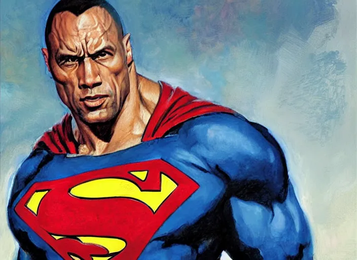 Image similar to a highly detailed beautiful portrait of the rock as superman, by gregory manchess, james gurney, james jean