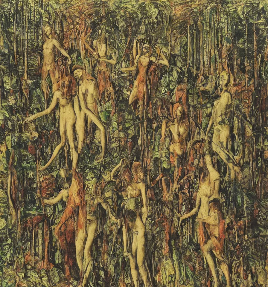 Prompt: four warrior angels lost in a forest painted by akseli gallen and ernst fuchs